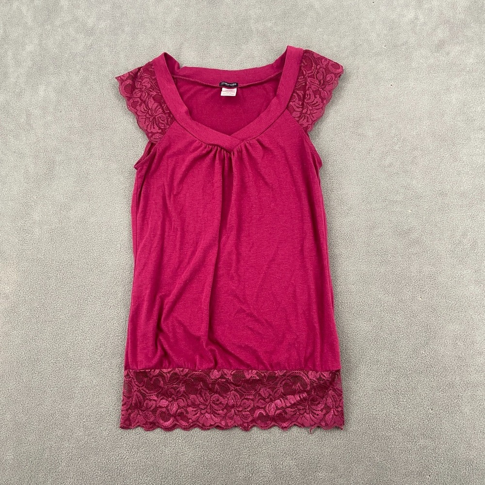 Maurices Top Womens XS Red Stretch Casual V Neck Cap Sleeve Lace Trim Modern